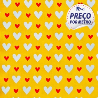 TECIDO TRICOLINE ESTAMPADA 100% ALGODÃO NOVA COLECÃO CORACÃO AMARELO D2605 V4