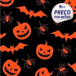 TRICOLINE ESTAMPADA MISTA 1 NOVA COLEÇÃO HALLOWEEN MORCEGO ABOBORA FUNDO PRETO D2088 V012