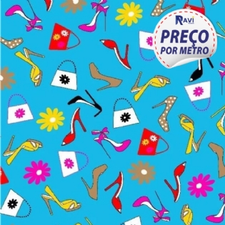 TECIDO TRICOLINE ESTAMPADA 100% ALGODÃO NOVA COLEÇÃO TEKSANA MODA SAPATOS E BOLSAS FUNDO AZUL D3017