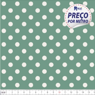 TECIDO TRICOLINE ESTAMPADA 100% ALGODÃO BOLA POÁ GRANDE VERDE ANTIGO COM PÉROLA D1554 V129