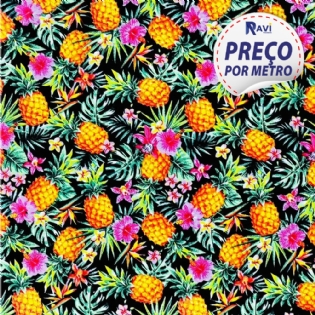 TRICOLINE ESTAMPADA MISTA NOVA COLEÇÃO ABACAXI FLORES FRUTAS FUNDO PRETO