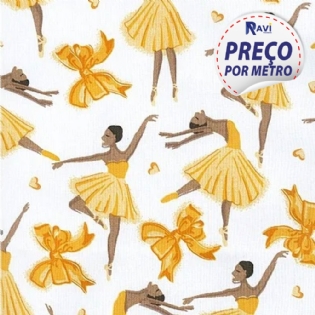 TECIDO TRICOLINE ESTAMPADA 100% ALGODÃO BAILARINA AMARELA FUNDO BRANCO V01