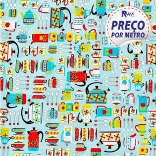 TECIDO TRICOLINE ESTAMPADA 100% ALGODÃO CÍRCULO NOVA COLEÇÃO COZINHA XÍCARA BULE CAFÉ DA TARDE AZUL