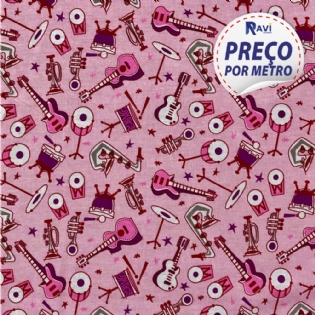 TECIDO TRICOLINE ESTAMPADA 100% ALGODÃO INSTRUMENTO MUSICAL FUNDO ROSA D79 C312