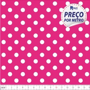 TECIDO TRICOLINE ESTAMPADA 100% ALGODÃO BOLA POÁ GRANDE PINK COM BRANCO D1554 V108
