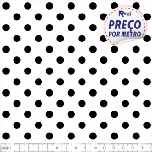 TECIDO TRICOLINE ESTAMPADA 100% ALGODÃO BOLA POÁ GRANDE BRANCO COM PRETO D1554 V103