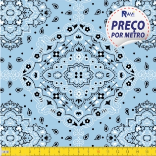TECIDO TRICOLINE ESTAMPADA 100% ALGODÃO BANDANA AZUL CLARO D2123 V08