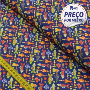 TECIDO TRICOLINE ESTAMPADA 100% ALGODÃO CÍRCULO FOGUETES COR 2365