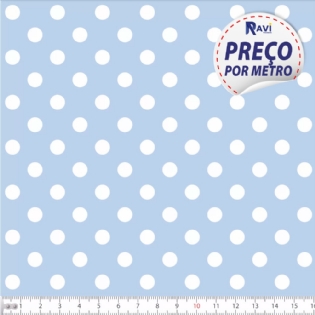 TECIDO TRICOLINE ESTAMPADA 100% ALGODÃO BOLA POÁ GRANDE AZUL BEBÊ COM BRANCO D1554 V082