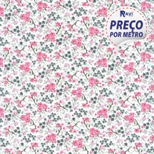 TECIDO TRICOLINE ESTAMPADA 100% ALGODÃO FLORAL CASSIS ROSA V03