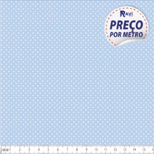 TECIDO TRICOLINE ESTAMPADA 100% ALGODÃO BOLA POÁ MIÚDA AZUL BEBÊ COM BRANCO D1002 V082