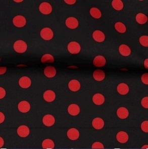 TECIDO TRICOLINE ESTAMPADA 100% POLIESTER EUROLEEN POÁ GRANDE PRETO COM VERMELHO D002 V998