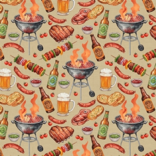 1 TECIDO TRICOLINE ESTAMPADA 100% ALGODÃO COLEÇÃO DIARIO DOS SONHOS CHURRASCO CARNE D9050 V427